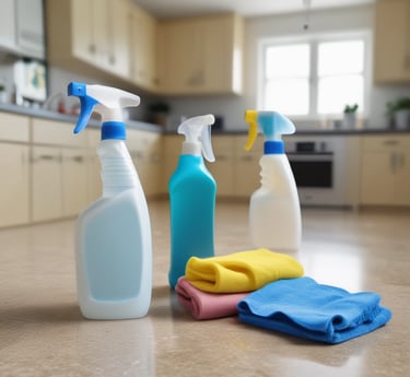 A friendly cleaning professional in uniform tidying a modern living room.