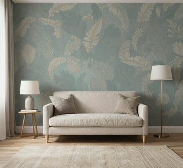 A cozy living room featuring elegant wallpaper, sleek PVC panels, and warm wooden flooring, showcasing innovainteriors' design touch.