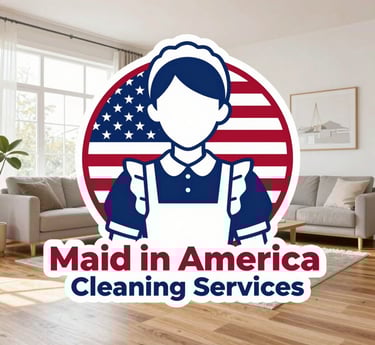 Maid in America Cleaning Services logo superimposed over a clean, modern living room with bright natural light and hardwood