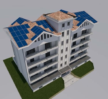 a building with a solar paneled roof and a solar paneled roof