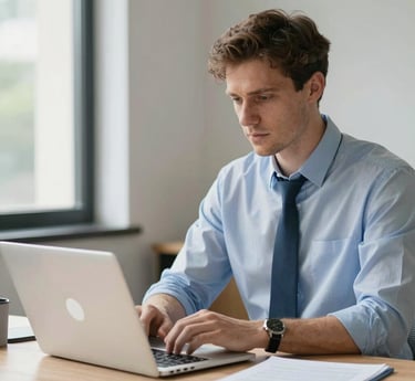 Portrait of James Goodreau in a modern office, confidently discussing strategy with a client.