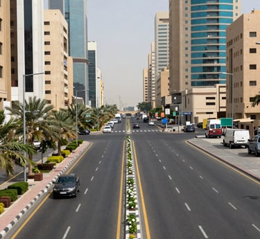 A busy street in Riyadh showing freshly painted road markings under clear daylight.