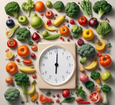 a clock on a square clock face with fruits and vegetables