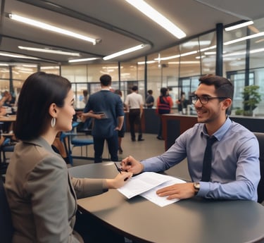 A friendly former U.S. visa officer consulting with a client over a laptop in a bright, professional setting.