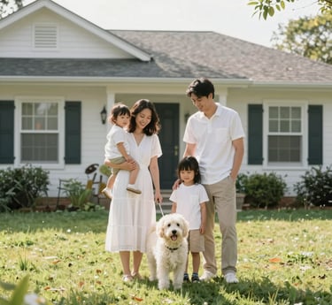 A warm photo of the family team standing proudly in front of a modern home basement they recently finished.