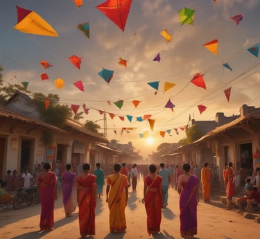 A colorful depiction of families in traditional attire celebrating Sankranthi with kites, sweets, and decorations in the Serenity apartment community.