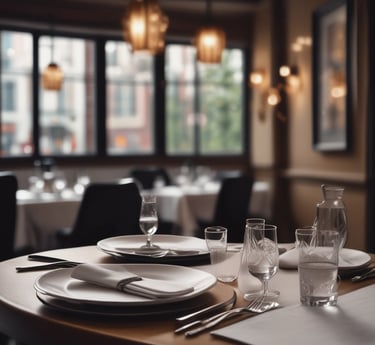 A cozy restaurant scene with a friendly chatbot interface displayed on a tablet at the hostess stand.