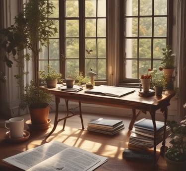 A serene workspace with natural light, a journal, a cup of herbal tea, and wellness products arranged thoughtfully.