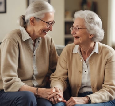Friendly caregiver smiling warmly while chatting with a senior in a cozy, sunlit living room.