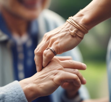 Caregiver holding hands with a senior, warm smile, close-up emotional shot.