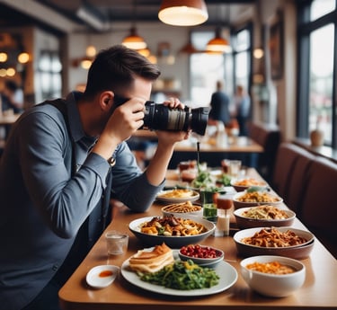 A professional photographer capturing vibrant dishes in a cozy restaurant setting.