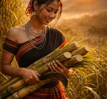 Alt text: Indigenous Chakma woman harvesting sugarcane in a sunlit field at sunrise in the Chittagon