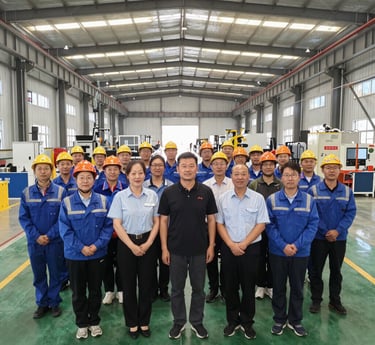 A bright, spacious workshop with a Chinese engineer and an American client smiling and shaking hands in front of the camera.