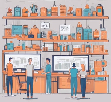 A bright, modern store interior showcasing neatly arranged household and kitchen products with subtle blue and green accents.