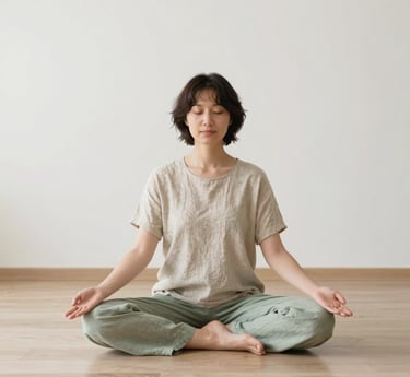 A serene person sitting peacefully in a minimalist room with soft sand, white, sage green, and gold accents.