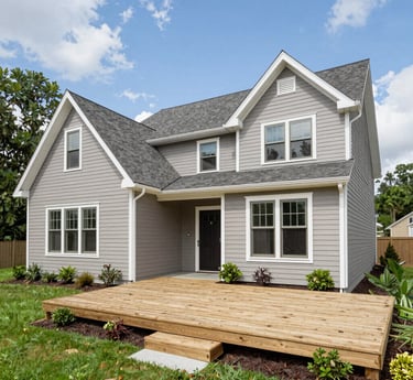 A freshly renovated navy blue house exterior featuring new siding, a sturdy deck, and crisp white trim under a bright sky.