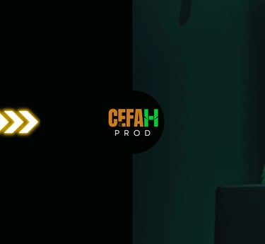 CEFAH PROD logo with a glowing yellow arrow and a fluffy alpaca in a dark studio setting.