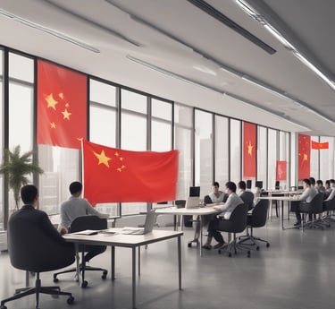 A vibrant office scene showing a team collaborating on website designs for Chinese industrial clients.