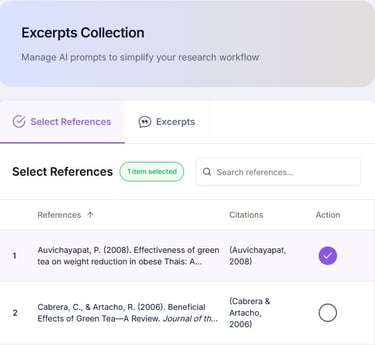 A research workflow software interface showing a list of academic references and citations for AI prompt management.