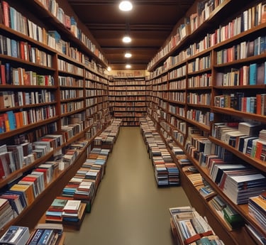A bookstore interior with a variety of books on shelves and display tables. People are browsing or reading books, with one person standing at a table and others seated. The room is well-lit, creating a cozy and inviting atmosphere.
