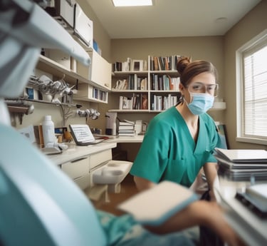 A dentist and a patient are in a dental office. The dentist, wearing scrubs, is pointing at a laptop on a mobile dental unit. The patient, seated in the dental chair, is looking at the screen with a smile. The room contains dental equipment and art featuring teeth on the wall.