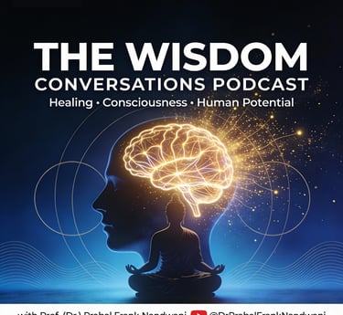 Wisdom Conversations Podcast cover art with glowing brain and meditating silhouette.