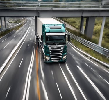 a truck driving down a highway with a bridge over it