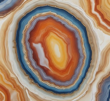 A collection of polished, colorful stones in various shapes and sizes displayed in a wooden bowl. The stones include vibrant shades of green, red, yellow, and white, and some have a marbled texture. The background appears to be a light-colored wall, adding to the rustic and natural setting.