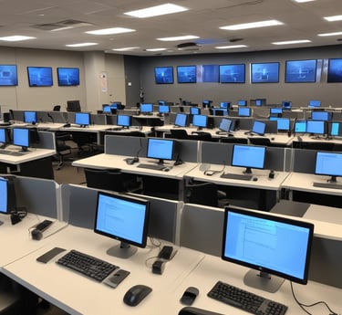 A dimly lit computer lab features several workstations with monitors and keyboards arranged in a line. A design composed of blue lines and the word 'Amcbridge' is visible on the wall. Vertical blinds partially cover the window, letting in minimal light.