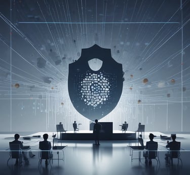 A modern office space with computers and cybersecurity graphics on screens.