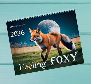 a artisticcalendar with a picture of a fox in front of a large moon