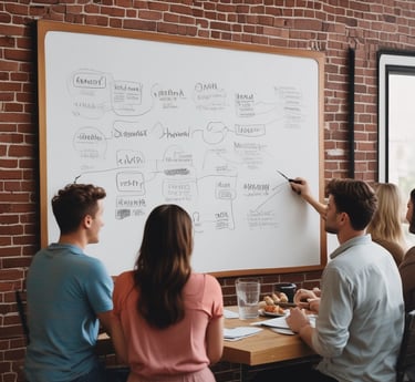 a group of people sitting at a table with a white boarder