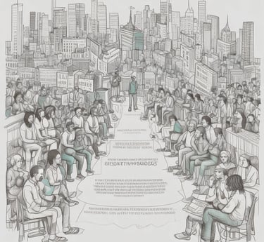 A diverse group of people engaged in a thoughtful discussion outdoors.
