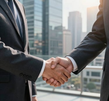 Two men are standing side by side, smiling, with one placing his arm around the other's shoulder. They are in a professional setting, dressed in business casual attire. Behind them is a sign that reads 'Freshworks Partner Program' with some description and logos. The background consists of a brick wall.