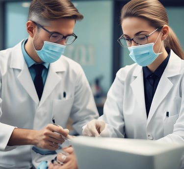 A dental office sign with a large toothbrush and oversized teeth protrudes from the side of a brick building. Above the sign, a mannequin styled like a trapeze artist swings from a trapeze bar, adding a whimsical element to the scene. The sky is overcast, and the building facade features various textures such as metal and stone.