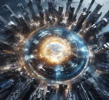 a cityscape with a circular shaped object in the center
