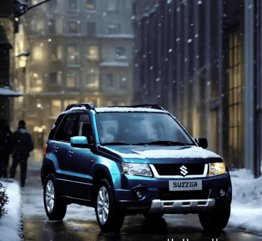a Suzuki Vitara parked on a snowy street in a city