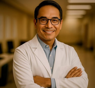 Smiling male concierge doctor with glasses in a lab coat, standing in a hospital hallway.