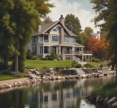 A residential building with a white exterior and a green door. Palm trees and shrubs line the front, while a small lawn is visible in the foreground. The building has an upper balcony and a staircase leading upstairs.