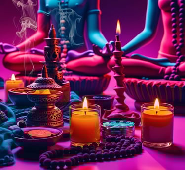 a buddha statue sitting on a table with candles and candles