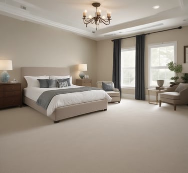 a bedroom with a bed and freshly installed carpet in a home in Richmond Texas