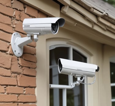 a smart phone sitting next to a security camera