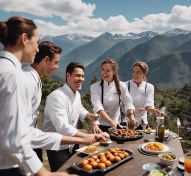 A diverse group of chefs and service staff smiling together in a kitchen setting.