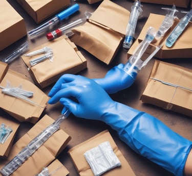 A healthcare professional examining medical supplies in a well-organized storage room.