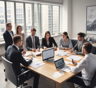 Portraits of professional consultants in a modern office setting.