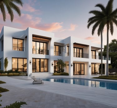 A residential construction site features several houses in various stages of development. The house in the foreground is partially built, with its structure framed and covered in yellow Tyvek sheathing. Other houses in the background appear more complete, displaying dark blue and mustard yellow siding. A yellow temporary fence runs along the edge of the site, and construction materials are scattered across the ground. A cloudy sky looms overhead, contributing to a subdued atmosphere.