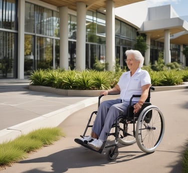 A reflection scene outside a healthcare facility with a red sign reading 'Ramsay health plus'. An elderly person is walking with crutches, wearing a pink jacket. Multiple parked cars are visible along with some trees in the background. The sky is partially cloudy.