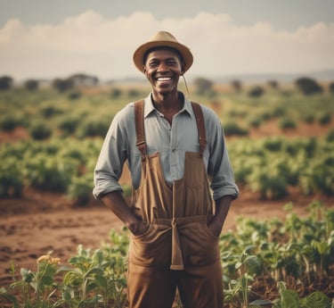 A vibrant market scene showing African farmers proudly displaying fresh organic produce under the bright sun.