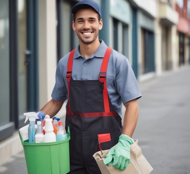 A dry cleaning shop named 'HLP Cleaners' is located on a dimly lit street. The store has a prominent sign above the entrance, and its windows are illuminated with a warm yellow light. A sign on the door lists services such as dry cleaning, laundry, and suede & leather cleaning. The building exterior is simple with a combination of dark tiles and light-colored upper walls. The entrance is flanked by two closed doors, likely of neighboring establishments.