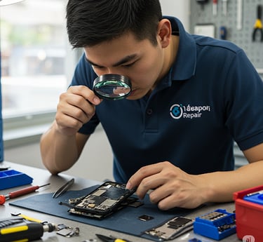 um homem de camisa azul está olhando através de uma lupa